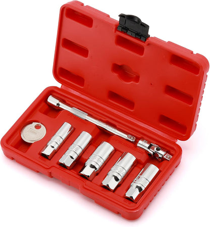 3/8-Inch Drive Spark Plug Socket Set, 6-Point, Include Extension Bar, Universal Joint & Spark Plug Gapper, 8Piece Set, CR-V Steel