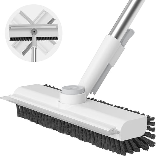 3-in-1 Floor Scrub Brush with Long Handle – Heavy Duty Stiff Bristle Floor Cleaner with Scraper for Bathroom, Shower, Patio, Garage & Deck