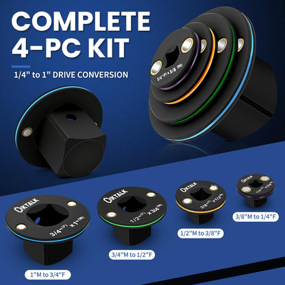 4PC Low Profile Impact Socket Adapter Set – 1/4", 3/8", 1/2" & 3/4" Drive Adapters for Tight Spaces, Cr-Mo Steel