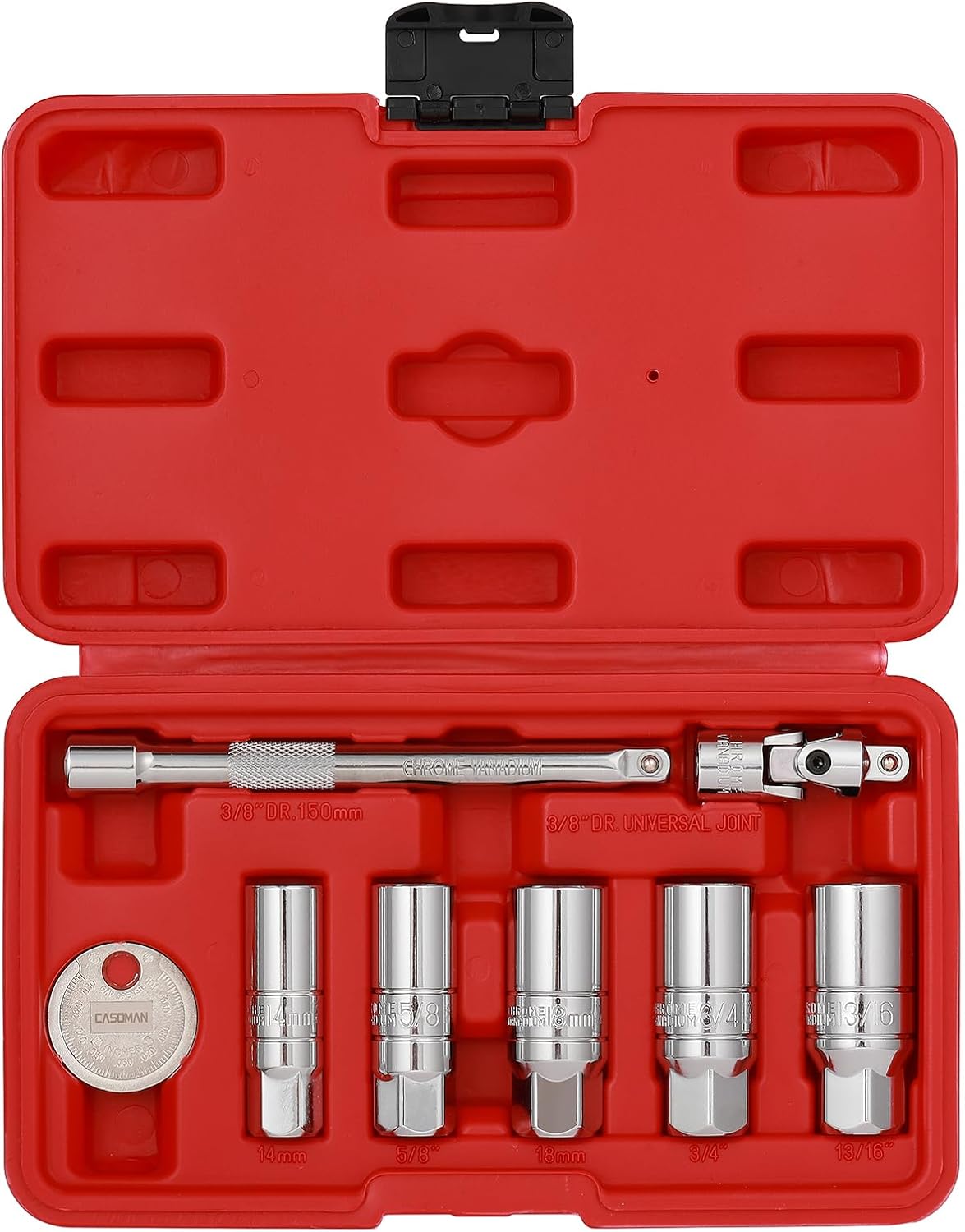 3/8-Inch Drive Spark Plug Socket Set, 6-Point, Include Extension Bar, Universal Joint & Spark Plug Gapper, 8Piece Set, CR-V Steel