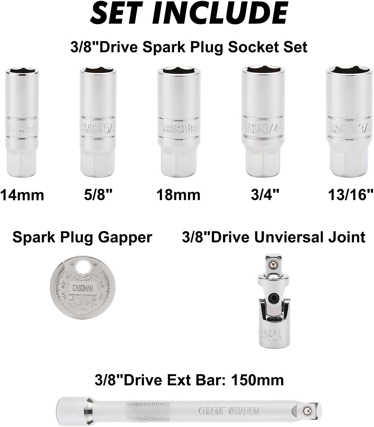 3/8-Inch Drive Spark Plug Socket Set, 6-Point, Include Extension Bar, Universal Joint & Spark Plug Gapper, 8Piece Set, CR-V Steel