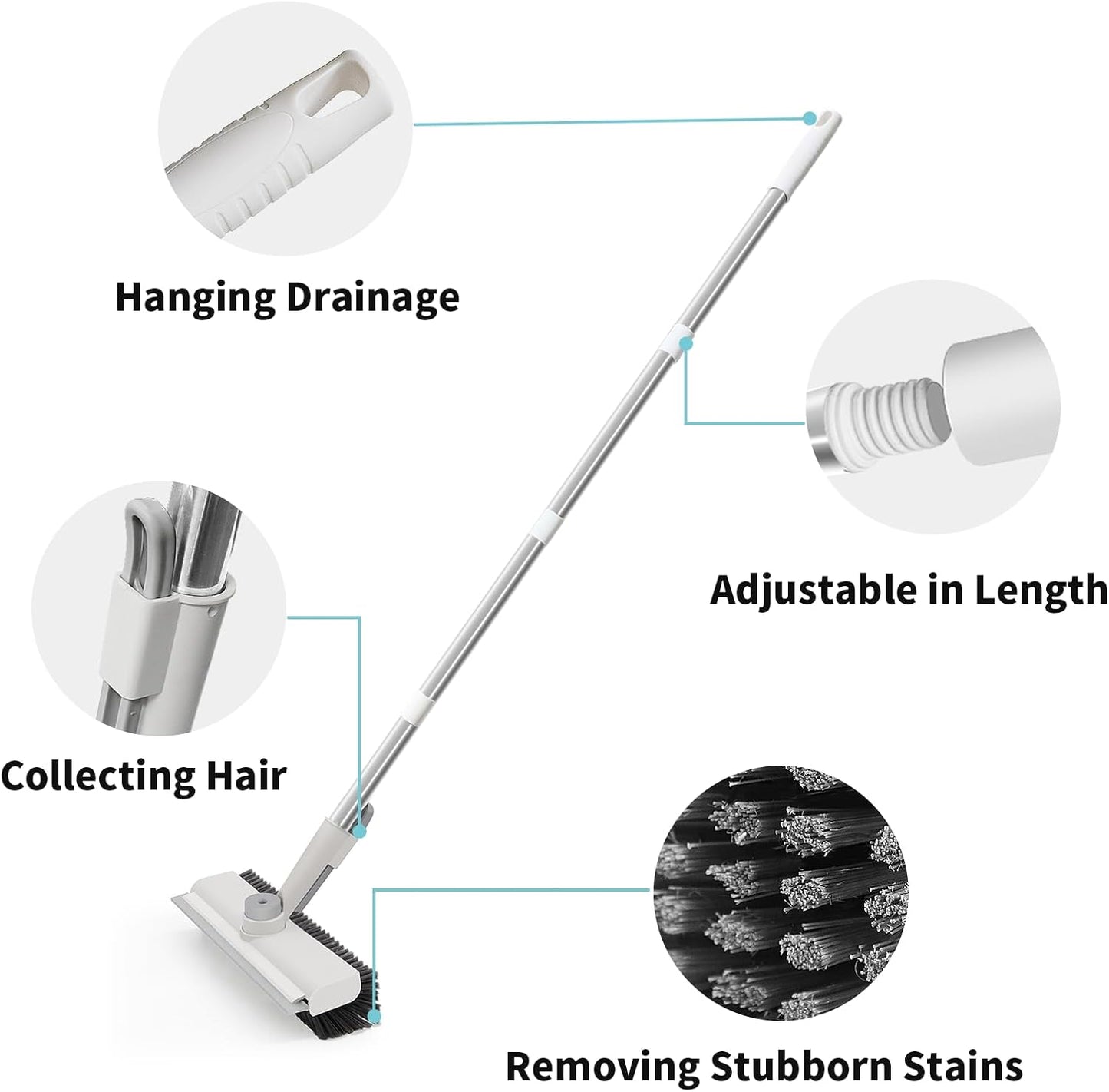 3-in-1 Floor Scrub Brush with Long Handle – Heavy Duty Stiff Bristle Floor Cleaner with Scraper for Bathroom, Shower, Patio, Garage & Deck
