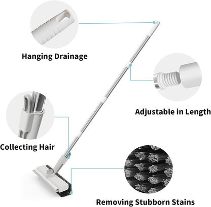 3-in-1 Floor Scrub Brush with Long Handle – Heavy Duty Stiff Bristle Floor Cleaner with Scraper for Bathroom, Shower, Patio, Garage & Deck