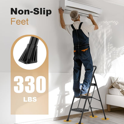3-Step Folding Step Ladder for Adults – Wide Anti-Slip Steps, Lightweight Portable Ladder for Home, Kitchen & Closet
