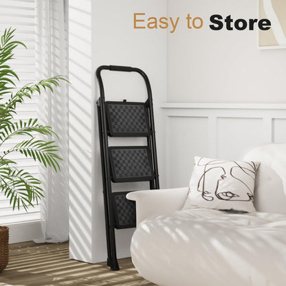 3-Step Folding Step Ladder for Adults – Wide Anti-Slip Steps, Lightweight Portable Ladder for Home, Kitchen & Closet